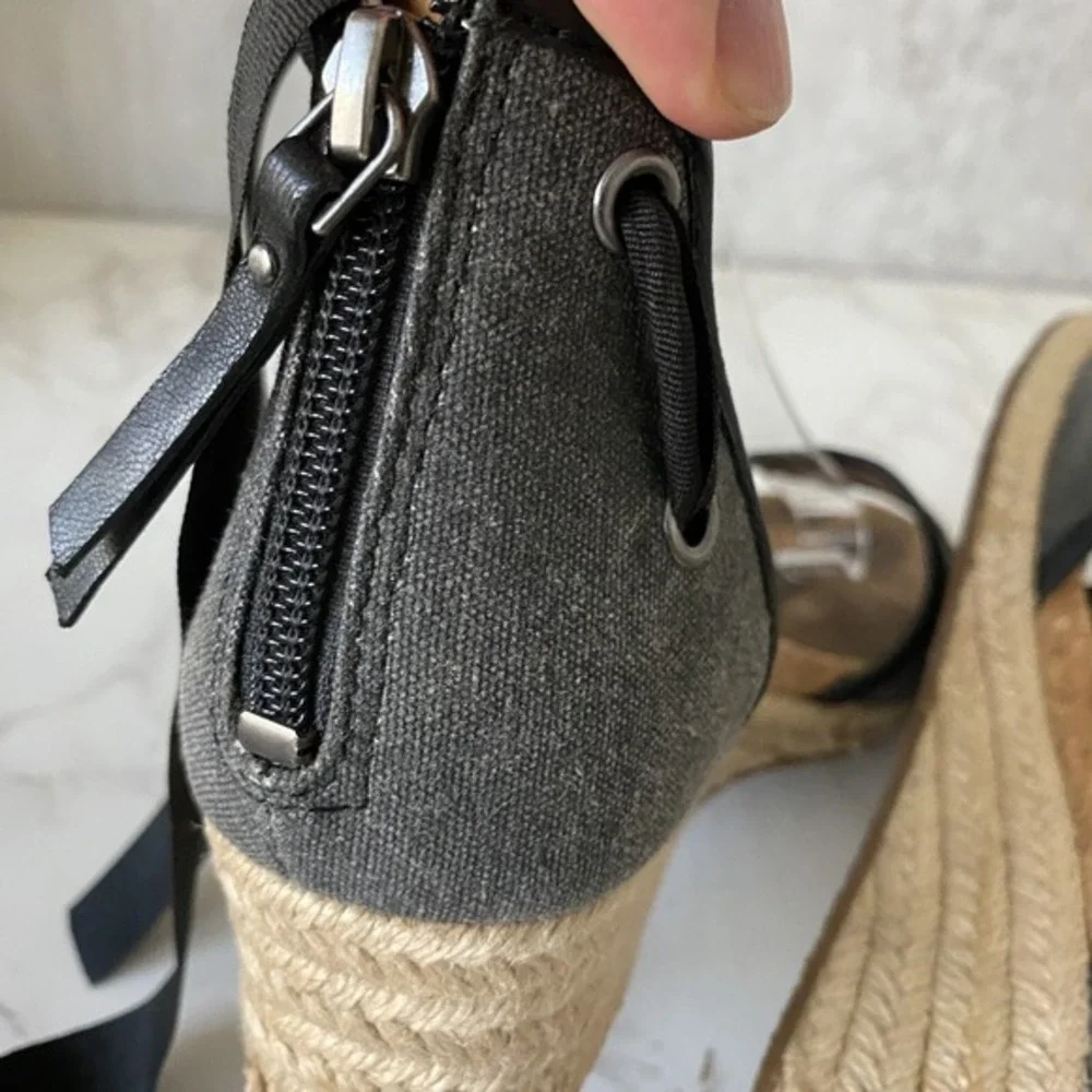 UGG Amell Canvas Sandals Sz 9 Grey‎ Black Ankle Tie Espadrilles Cork